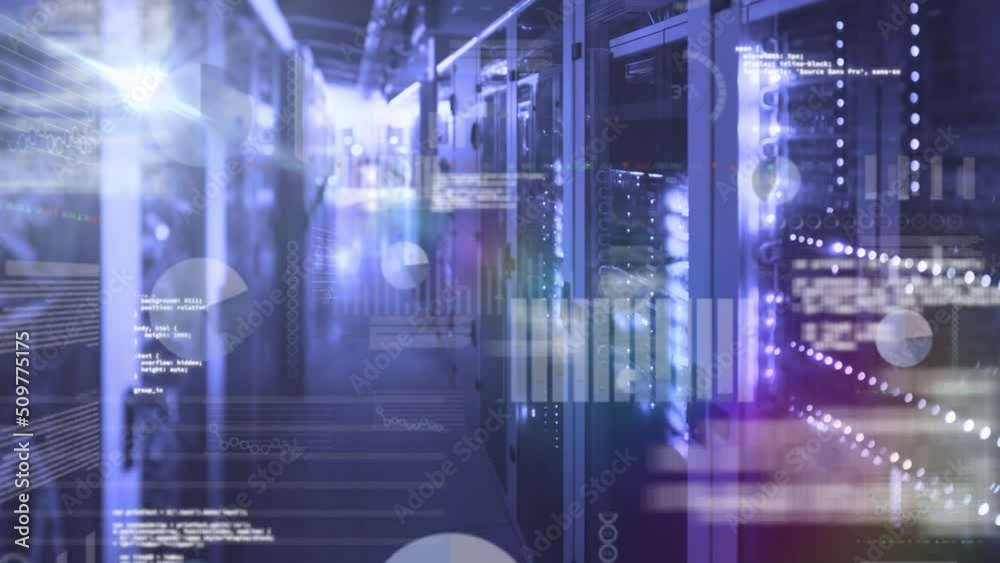 Animation of data processing over computer servers in background Animation of data processing over computer servers in background