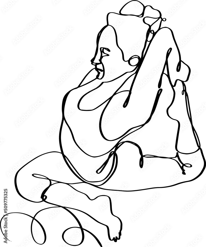 Continuous line illustration of woman in gymnastic and yoga pose. Female sport concept. Minimalist illustration