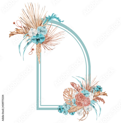 Watercolor tropical frame with dried palm leaves and flowers Hand-painted exotic illustration