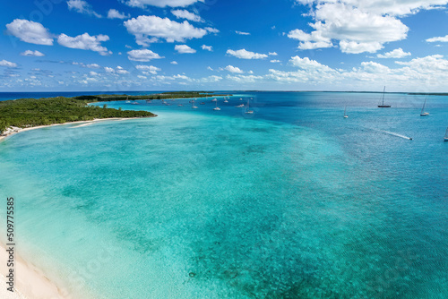 Fototapeta Naklejka Na Ścianę i Meble -  The drone aerial view of the beach of Stocking Island, Great Exuma, Bahamas.
