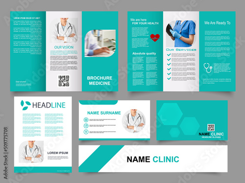 Tri fold medical brochure. Collection of folded brochures, annual report, business card. For printing, A4 magazine cover