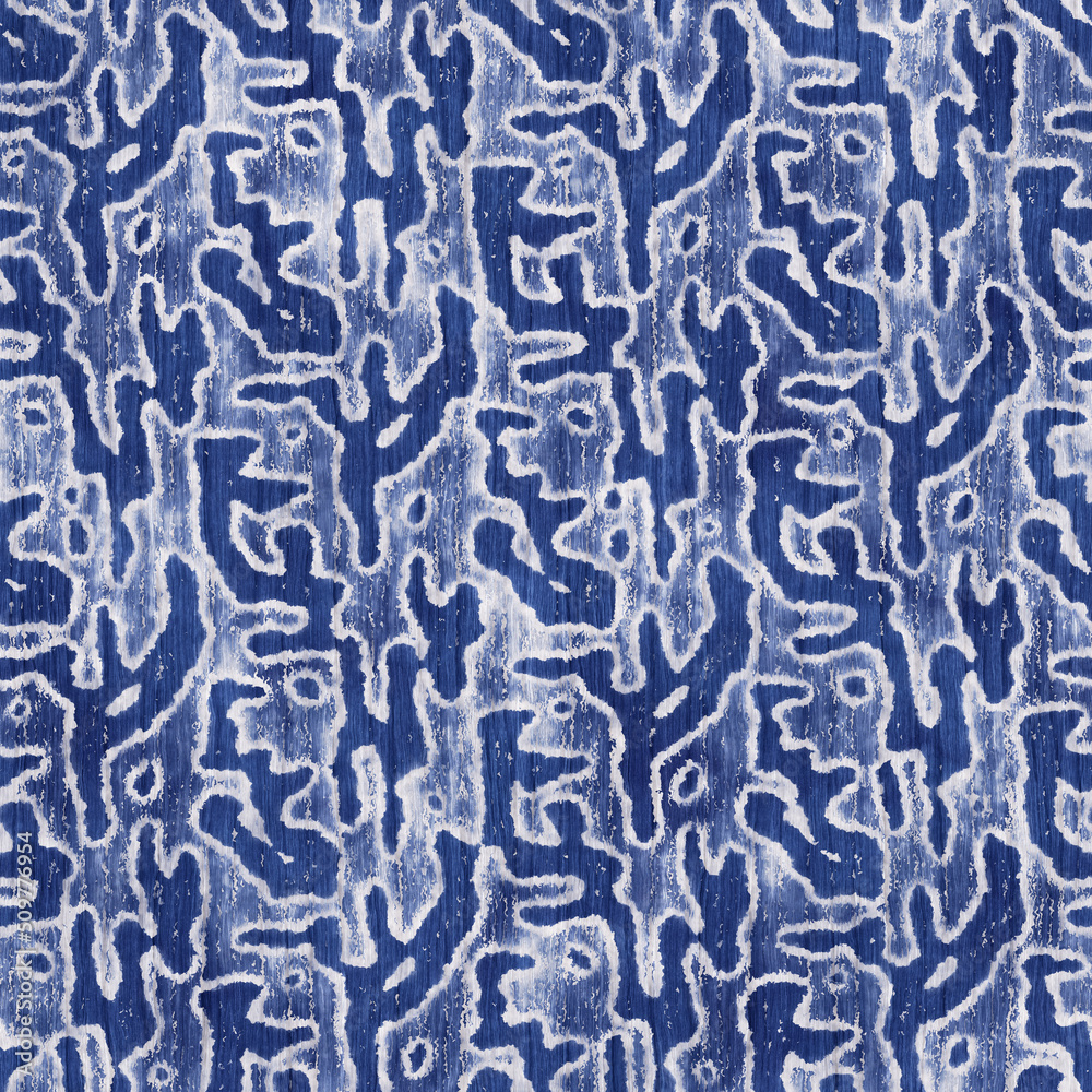 Indigo-Dyed Effect Contoured Textured Camouflage Pattern