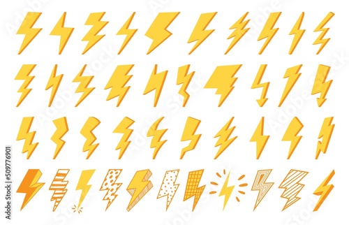 Flash icon. Lightning strike clipart symbol, electric power and electricity logo, nature thunderbolt yellow shape. Vector isolated thunder light pictogram set