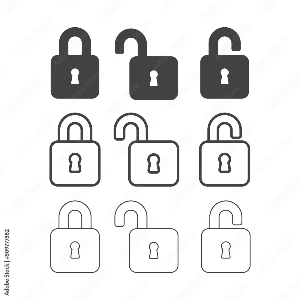 Lock icon collection. Locked and unlocked black line icon set. Flat ...