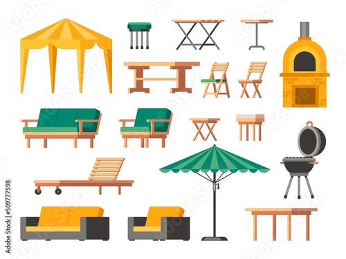 Garden furniture. Cartoon wooden patio chair table and sofa, lounge outdoor terrace icons, backyard umbrella and barbecue grill. Vector isolated set
