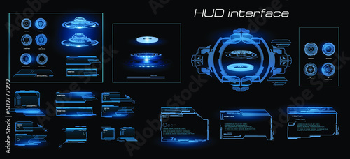 Set holographic frames and portals. Digital holographic user interface with dashboards, elements and portals. Futuristic cyber interface with HUD elements