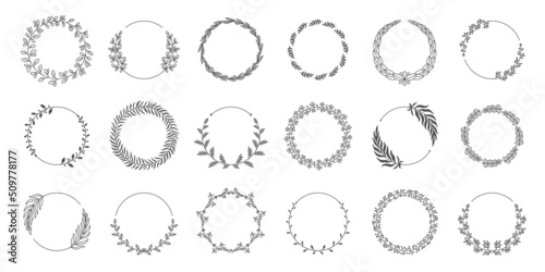 Circle leaf frame. Floral round laurel wreath of oil branch, wedding silhouette emblem, award certificate symbol. Vector decorative element collection
