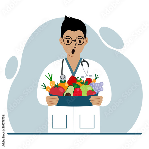Nutritionist doctor with a bowl of fruits and vegetables. Dietitian