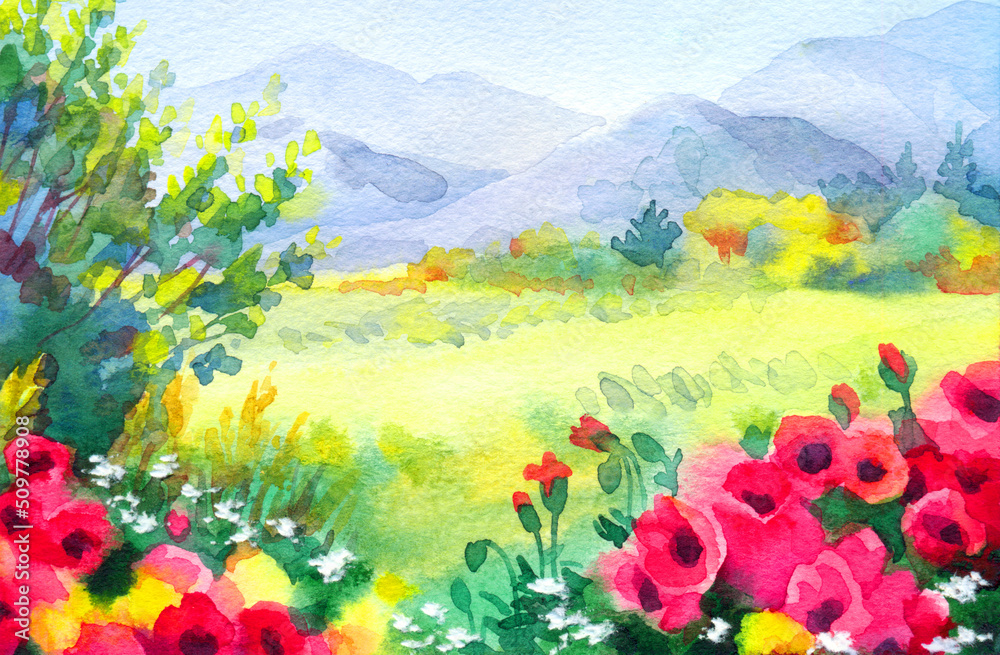 Watercolor landscape. Field with poppies near the mountains
