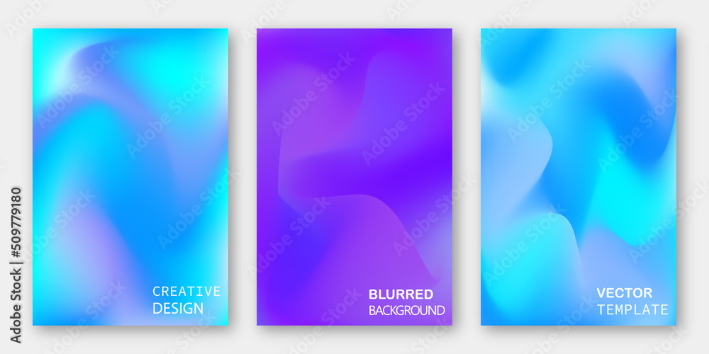 Abstract gradient fluid liquid cover template. Blurred gradient template set. Liquid dynamic gradient waves. Smooth templates collection for brochures, posters, banners, flyers and cards