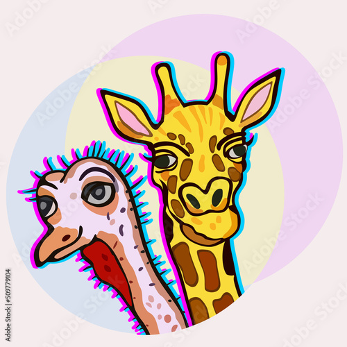 Heads of giraffe and ostrich. Animals with long necks. Friendship concept.