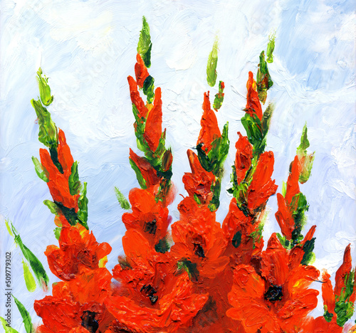 Oil painting. Red gladiolus in the garden