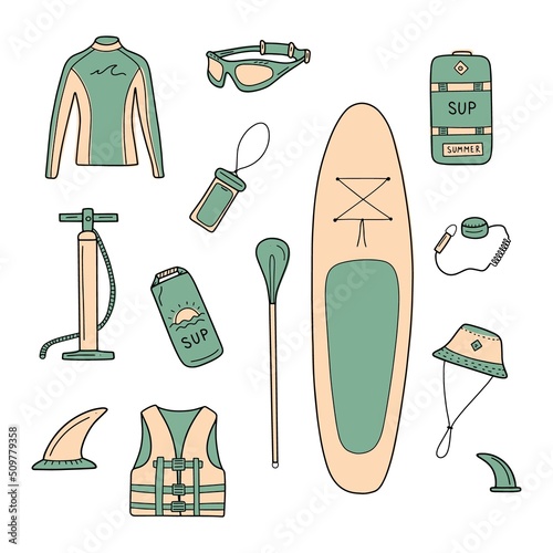 Sup surfing equipment set in doodle style. Vector illustration on white background