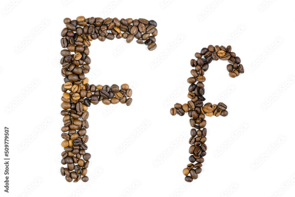 Capital and small letter F of coffee beans on an isolated white background. Template for logo design. English, German alphabet from handmade coffee. Capital and small letter F of coffee beans on an isolated white background. Template for logo design. English, German alphabet from handmade coffee.