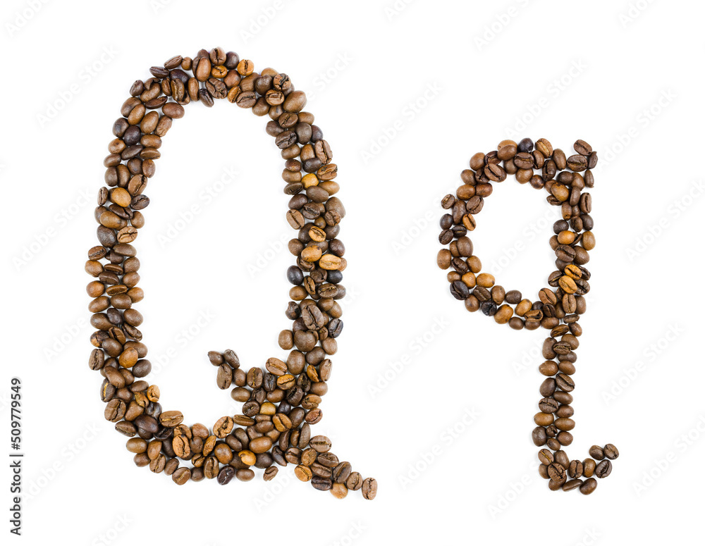 The capital and small letter Q of coffee beans on an isolated white background. Template for logo design. English, German, Italian, alphabet from handmade coffee. The capital and small letter Q of coffee beans on an isolated white background. Template for logo design. English, German, Italian, alphabet from handmade coffee.