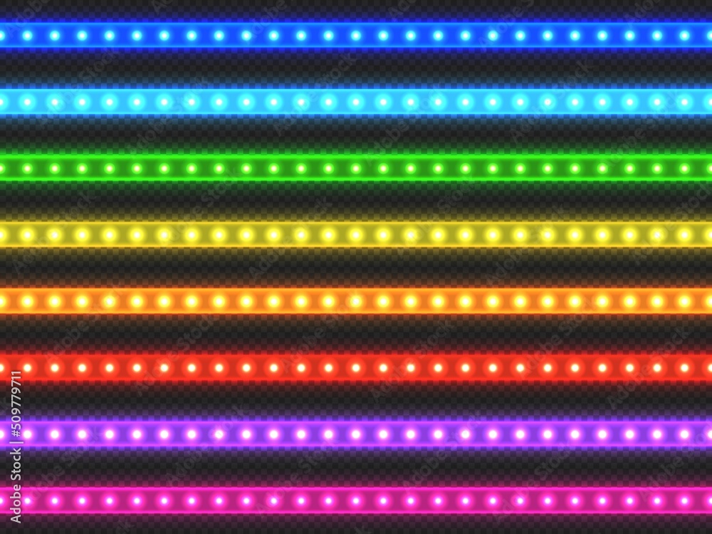LED light strip. Realistic colorful ribbon with glowing effect, green red blue yellow purple and violet illuminated strip set. Vector light decoration collection