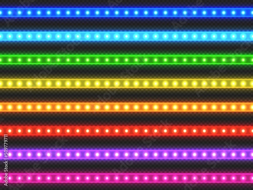 LED light strip. Realistic colorful ribbon with glowing effect, green red blue yellow purple and violet illuminated strip set. Vector light decoration collection