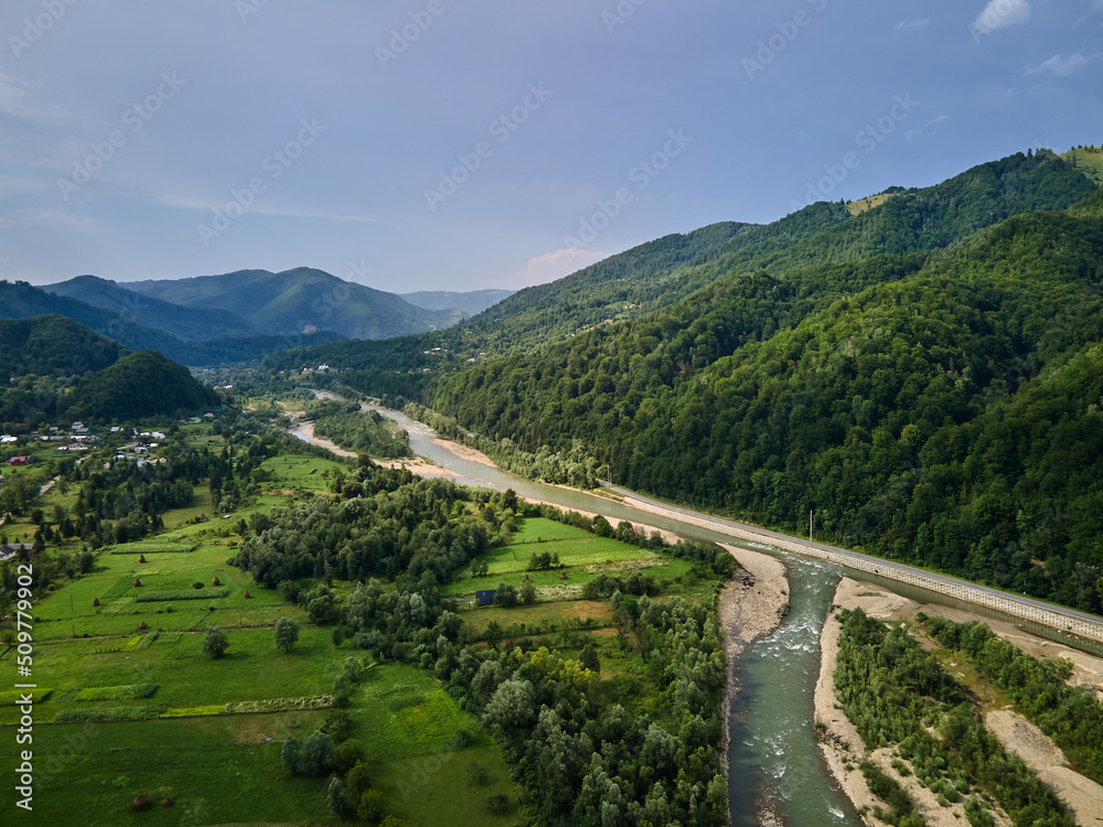 Aerial view of mountain river stream with stones valley landscape, Ukraine, Carpathian, wild nature