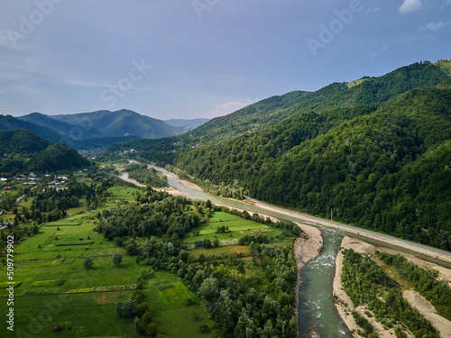 Aerial view of mountain river stream with stones valley landscape, Ukraine, Carpathian, wild nature