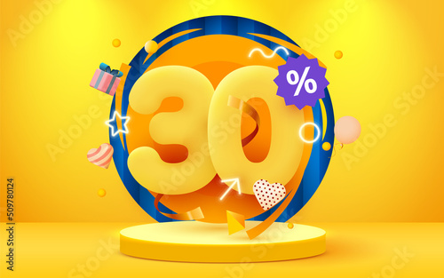 30 percent Off. Discount creative composition. Sale symbol with decorative objects. Sale banner and poster.
