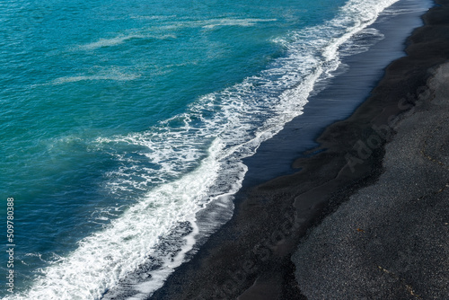 Abstract aerial view of Reynisfjara black sand beach in Iceland