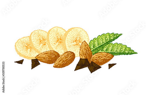 Food set with banana, almond nuts, chocolate and mint leaves. Collection healthy food for breakfast. Drawing vector sketch. Realistic illustration.