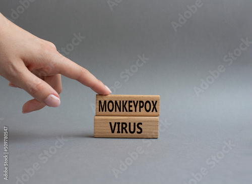 Monkeypox virus symbol. Concept word Monkeypox virus on wooden blocks. Beautiful grey background. Doctor Hand. Medicine and Monkeypox virus concept. Copy space