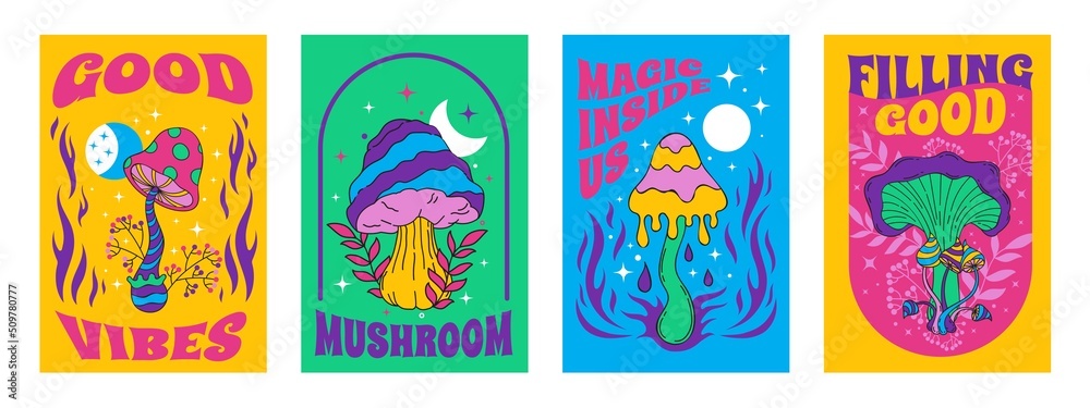 Hippie mushroom posters. Psychedelic acid trip groovy print with colored amanita and toadstool. Vector dreamy retro banners set