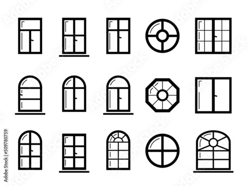 Set Windows icon, glyph style. Black icons. arch and round window frames