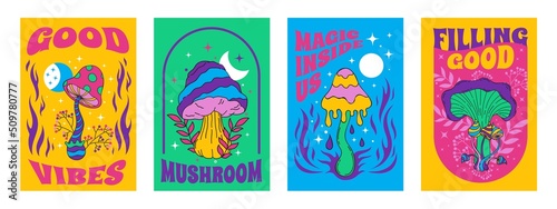 Hippie mushroom posters. Psychedelic acid trip groovy print with colored amanita and toadstool. Vector dreamy retro banners set