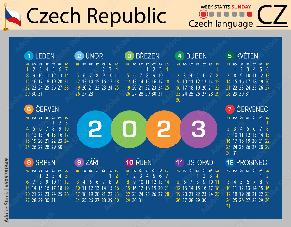 Czech horizontal pocket calendar for 2023. Week starts Sunday Stock Vector  Adobe Stock