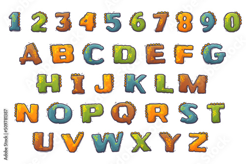 Cartoon dinosaur style alphabet. Font from letters and numbers covered in dinosaur skin. Dino lettering. Isolated objects for books, textile, cards. Vector cartoon style.