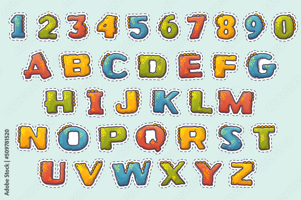 Cartoon dinosaur style alphabet. Font from letters and numbers covered in dinosaur skin. Dino lettering. Isolated objects for books, textile, cards. Vector cartoon style stickers.