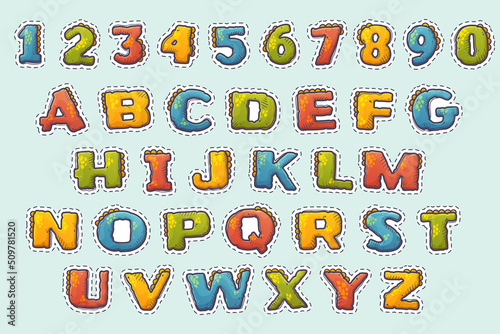 Cartoon dinosaur style alphabet. Font from letters and numbers covered in dinosaur skin. Dino lettering. Isolated objects for books, textile, cards. Vector cartoon style stickers.