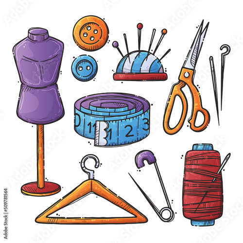 Handmade crafts. Collection creative accessories, consumables and tools, hobbies workshop items. Sewing machine, yarn. Set objects for embroidery, sewing and knitting. Vector hand drawn illustration.