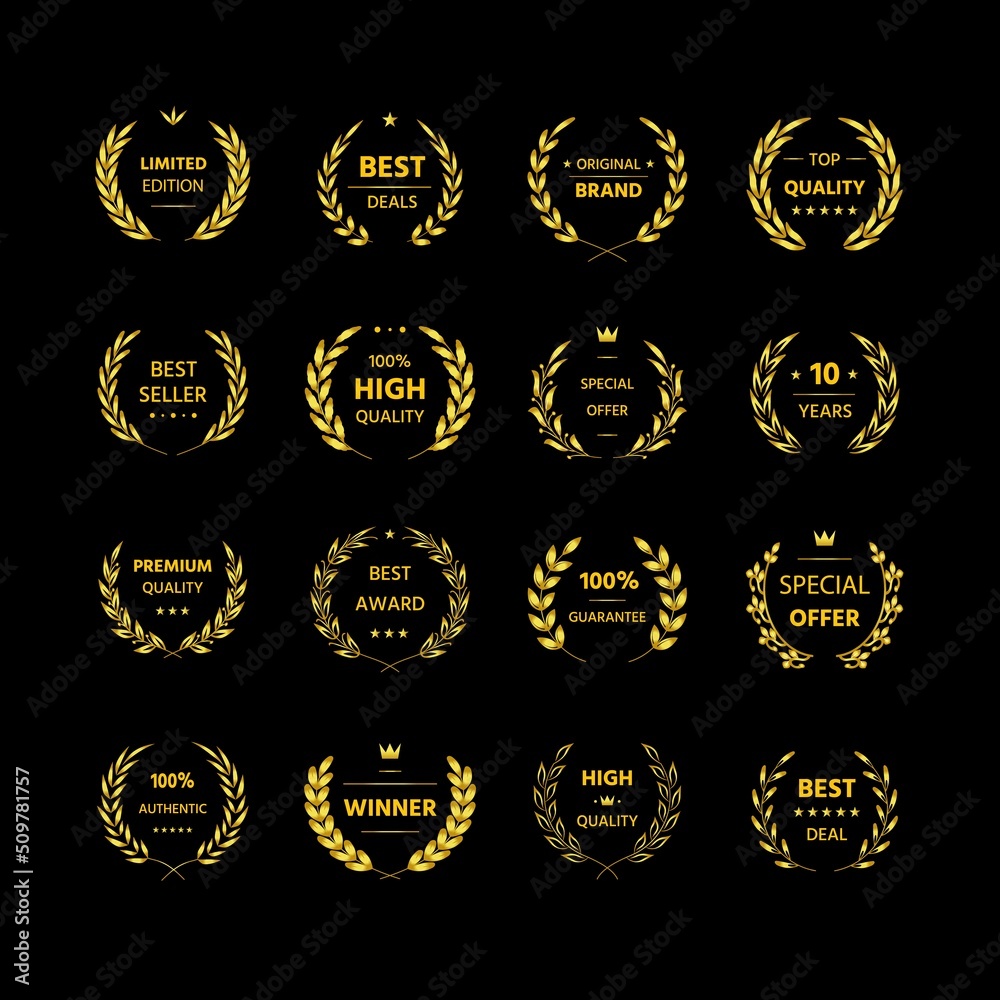 Obraz premium Award laurel wreath. Movie winner, premium quality and certification guaranteed golden emblem with olive branch heraldic element. Vector victory symbol set