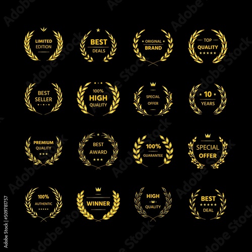 Award laurel wreath. Movie winner, premium quality and certification guaranteed golden emblem with olive branch heraldic element. Vector victory symbol set