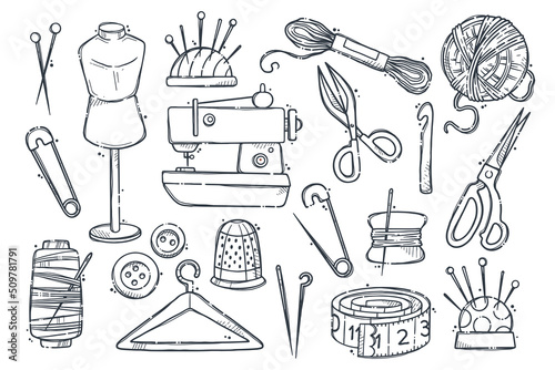 Handmade crafts. Collection creative accessories, consumables and tools, hobbies workshop items. Sewing machine, yarn. Set objects for embroidery, sewing and knitting. Vector hand drawn illustration.