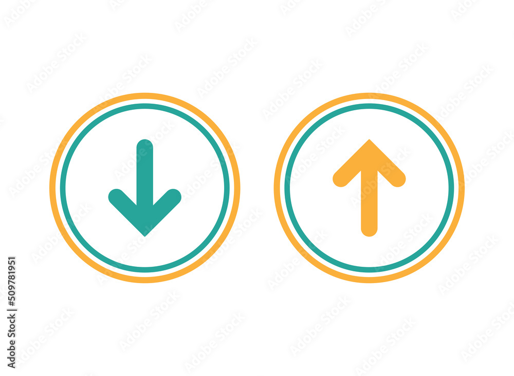 white up and down arrows in blue circle. flat icon isolated on white. point down button. south sign. Upload icon. Upgrade. download, share
