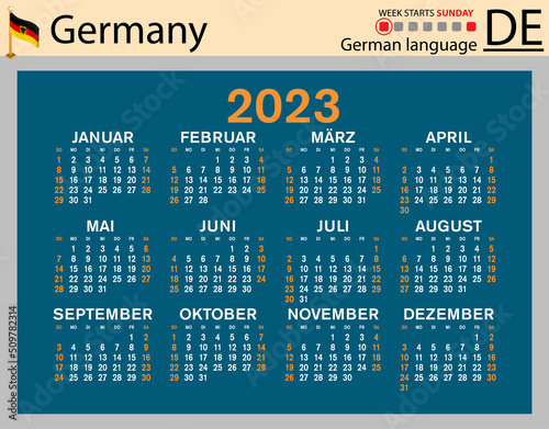 German horizontal pocket calendar for 2023. Week starts Sunday