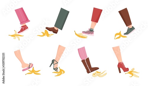 Slip on banana peel. Cartoon comic accident, man and woman persons foot stepping and slipping on banana skin. Vector risk and failure concept set