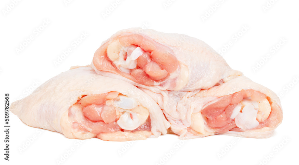 Raw chicken thigh isolated on white background, pink meat.