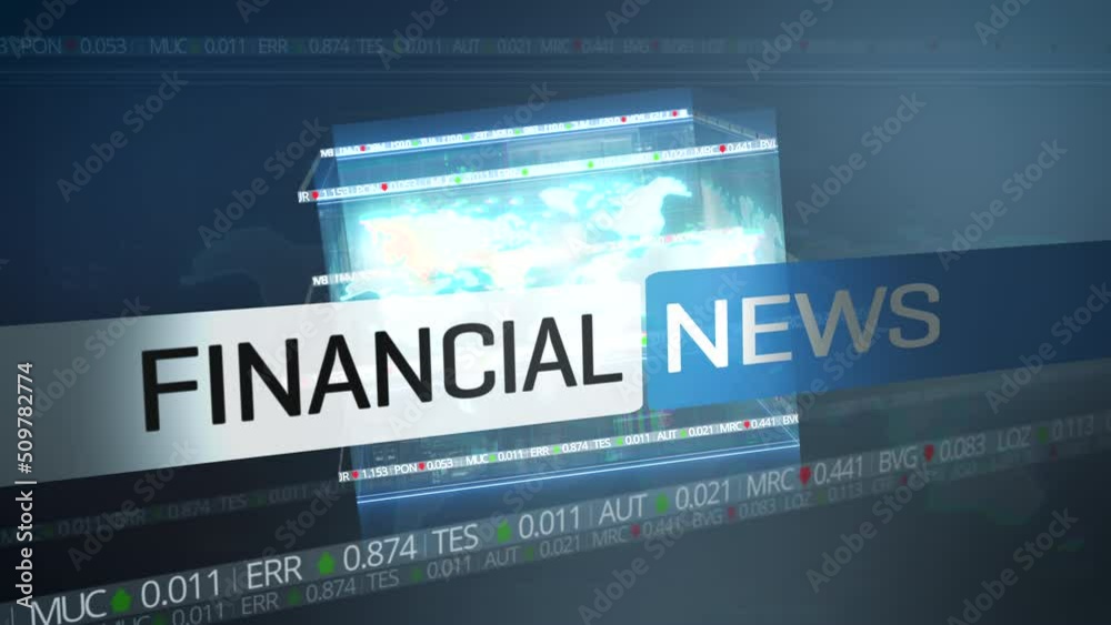 Financial news opener intro screen with text overlay, ticker with live stock market price developments and world map