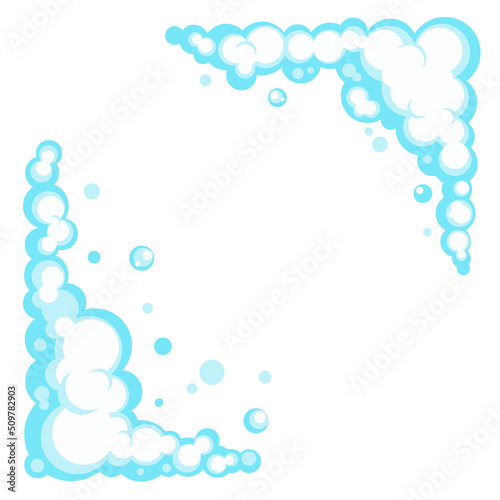 Cartoon soap foam set with bubbles. Light blue suds of bath, shampoo, shaving, mousse. Vector frame. EPS 10