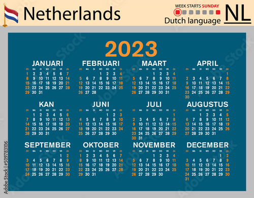 Dutch horizontal pocket calendar for 2023. Week starts Sunday