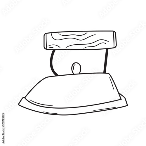 Outline doodle illustration of vintage metal iron. Hand drawn sketch. Retro laundry, studio and atelier element vector icon isolated on white background