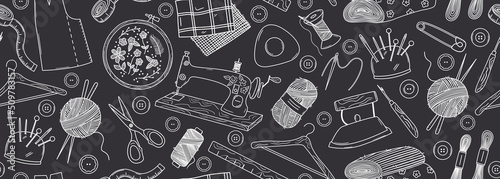 Seamless vector banner with outline doodle sewing elements. Retro machine, embroidery hoop, threads, yarn, fabric, iron, needles. Hand drawn studio background in black and white colors