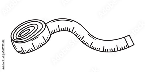 Outline doodle illustration of tape measure. Hand drawn sketch of rolled metric ribbon. Studio, atelier, fitness vector icon isolated on white background photo