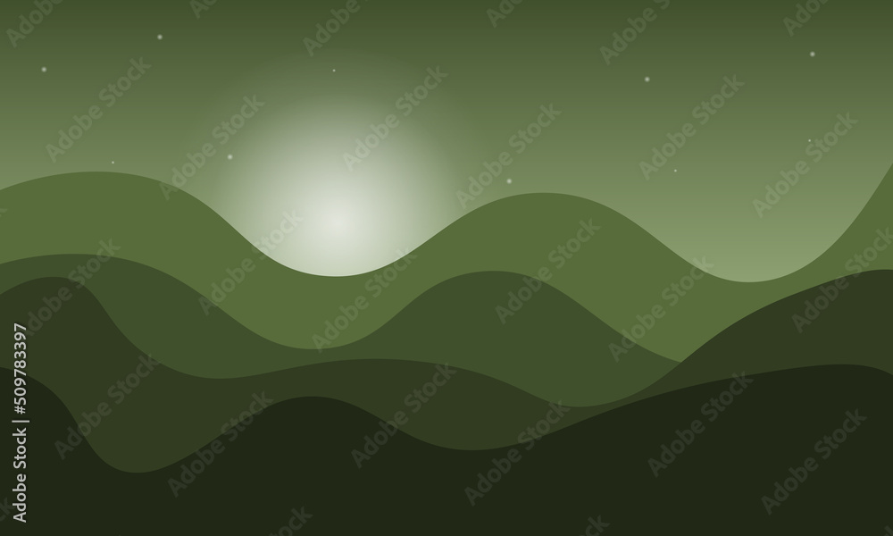 Green landscape with mountains and stars