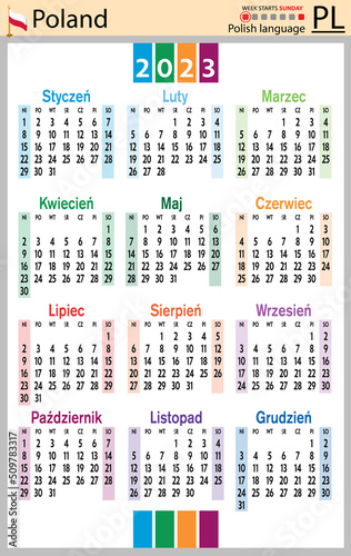 Polish vertical pocket calendar for 2023. Week starts Sunday